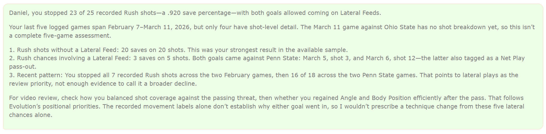 10-D response analyzing Daniel's rush chances: 23 saves on 25 recorded shots, lateral-feed patterns, data limitations, and video-review priorities.