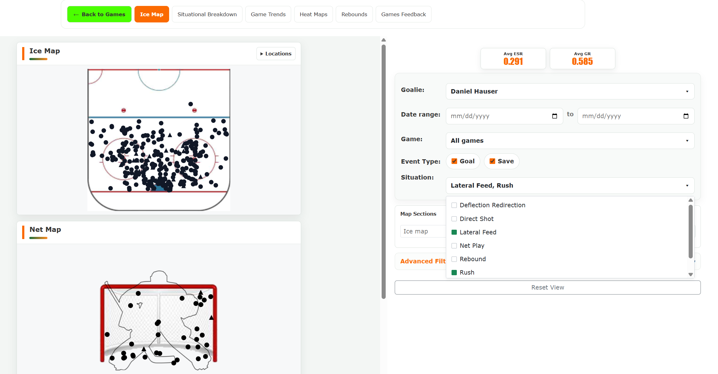 3xG Ice Map and Net Map filtered to Lateral Feed and Rush, with the situation selector open.