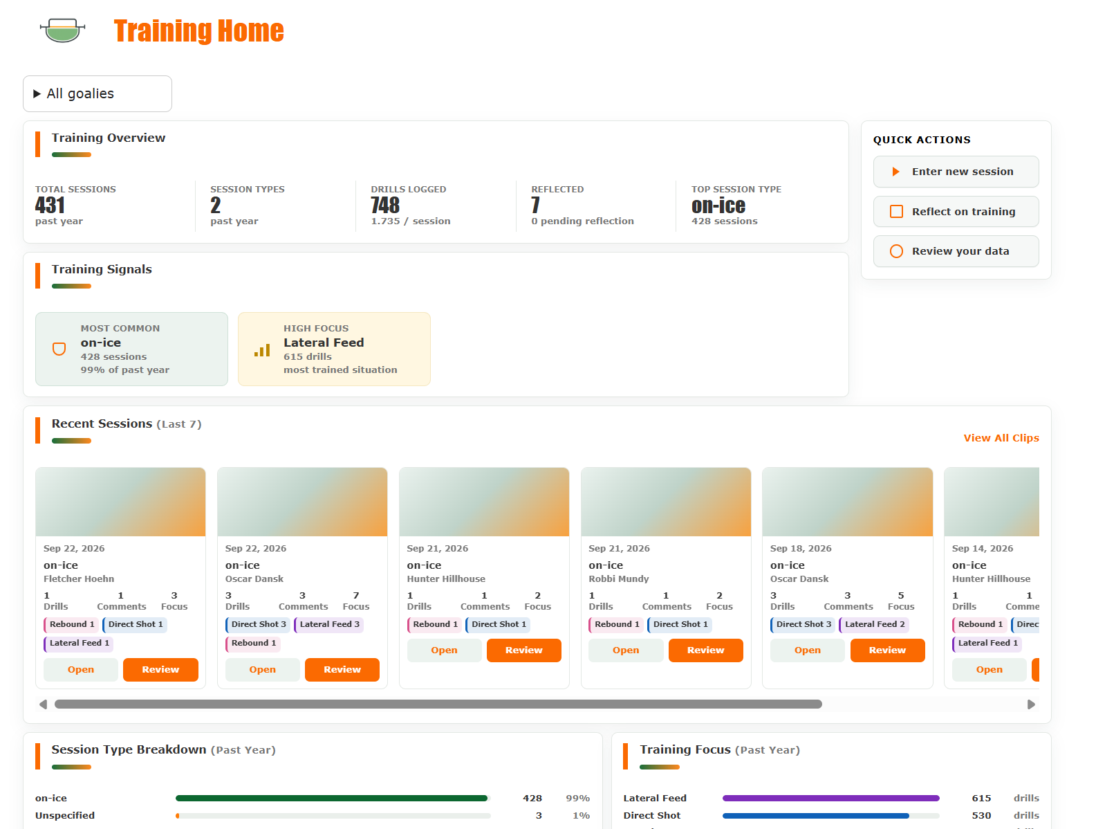 3xG Training Home showing training totals, session types, training focus, recent sessions, and quick actions.