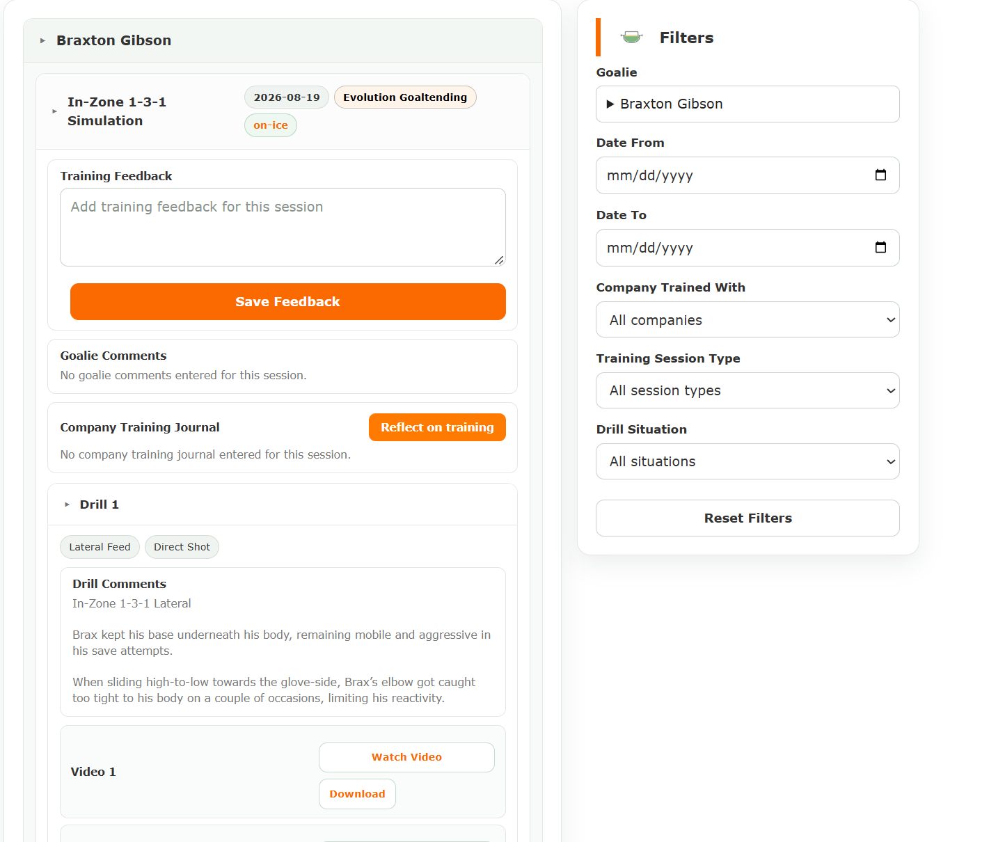 3xG training insights showing session feedback, coaching comments, drill situations, video links, and training filters.